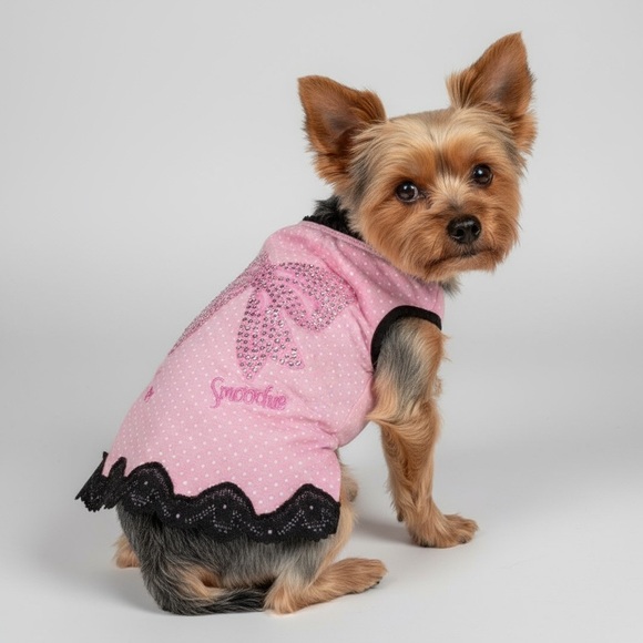 Pink Polka Dot Dog Dress with Rhinestone Bow - Picture 1 of 7